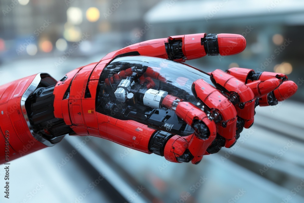 Poster vibrant red and black robotic hand with exposed mechanical components reaching out in a modern indus