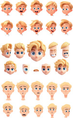 Fototapeta premium Avatar construction kit featuring different eyes and noses, lips, eyebrows, haircuts, and hair colors for boys. Cartoon set of modern kid face generator elements. Create your own character portraits