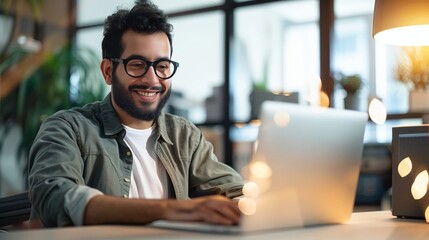 Fototapeta premium A man in casual works on his laptop at a table