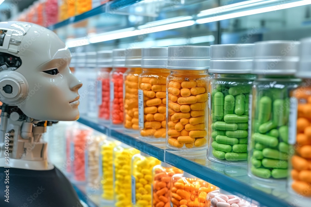Poster futuristic laboratory with transparent storage containers filled with colorful pills highlighting th