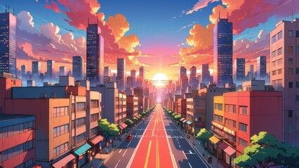 A stunning urban cityscape featuring towering skyscrapers against a colorful sunset sky. The empty streets reflect the warm hues of the sunset. Anime art style