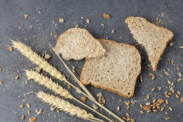 Cutting slices of wholegrain wheat bread with crumbs and spikelets on dark grey stone background.