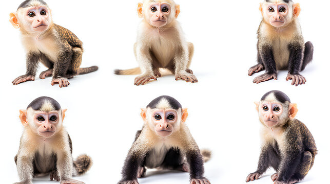 Capuchin monkey collection, sitting and portrait, isolated on a white background