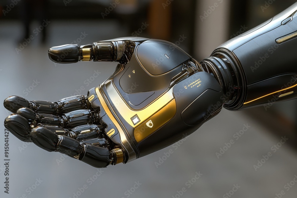 Poster black and gold robotic hand with sleek design holding a small object in a modern indoor setting repr
