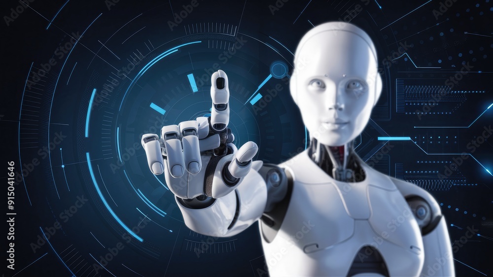 Aufkleber futuristic humanoid robot hand gesturing towards the viewer concept of advanced robotics artificial 
