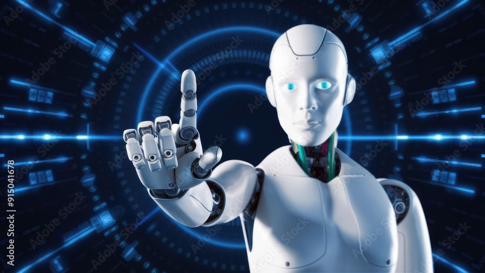 Aufkleber futuristic humanoid robot hand gesturing towards the viewer concept of advanced robotics artificial 