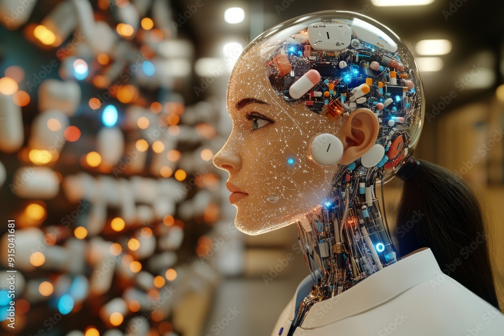 Poster detailed view of a humanoid robot with transparent components and intricate wiring set in a high tec