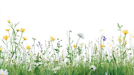 Fototapeta premium Closeup panorama banner of a meadow with green grass and wild flowers isolated on a white background