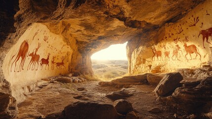 Ancient Rock Art: Wide-Angle View of Prehistoric Cave Depicting Hunting Scenes