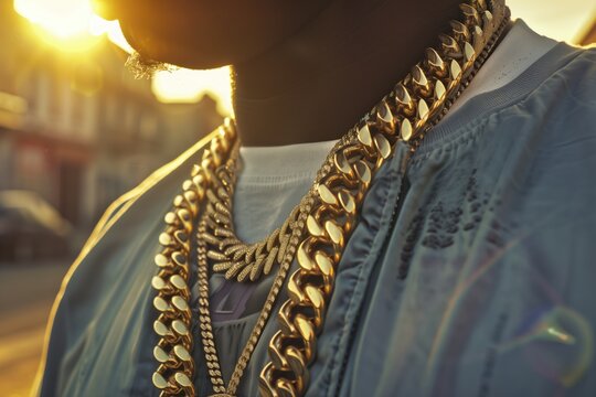 An rapper wearing gold chains standing on a street at sunset