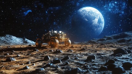 Naklejka premium Moon Exploration: Lunar Rover Roaming with Earth in Sight