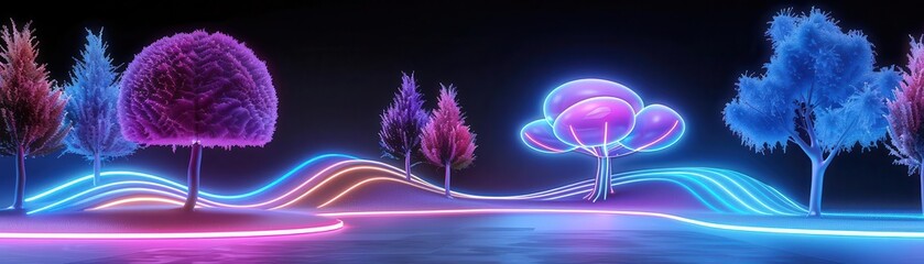 Fototapeta premium Futuristic city park with holographic trees and neon paths, cyberpunk, vibrant colors, 3D rendering
