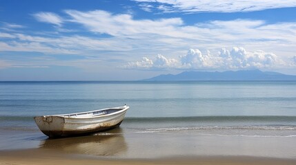 Tranquil cabin cruiser at Estepona Beach, capturing a serene coastal scene with space for additional text.