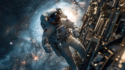 Fototapeta premium Exploring the Cosmic Unknown - Astronaut Spacewalking by Space Station with Starry Sky and Galaxies in View