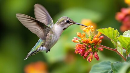 Naklejka premium Hummingbird in Flight, Feeding on Flowers