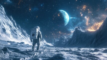 Obraz premium Lone Astronaut on Icy Moon, Backdrop of Stars and Planets