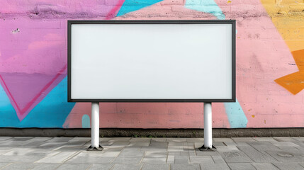 Creative mockup featuring a blank white board on a colorful graffiti wall with pink, purple, and yellow streaks.