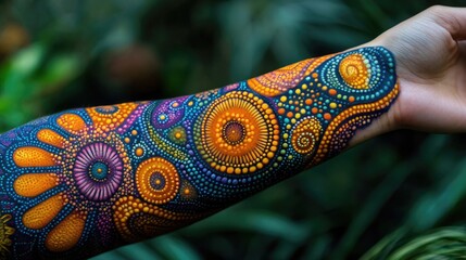 Vibrant Forearm Body Art with Intricate Designs and Bright Colors Close-Up