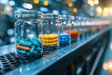 Rows of blue and yellow capsules in transparent jars on a futuristic conveyor belt showcasing the precision and automation of pharmaceutical production in a modern and organized industrial setting.