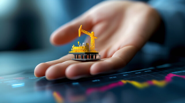 A conceptual image representing the economic importance and investment potential of the oil industry, with a hand holding a miniature oil rig against a backdrop of financial graphs.