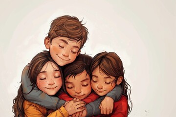 Illustration of a family formed by four children hugging. National Adoption Month.