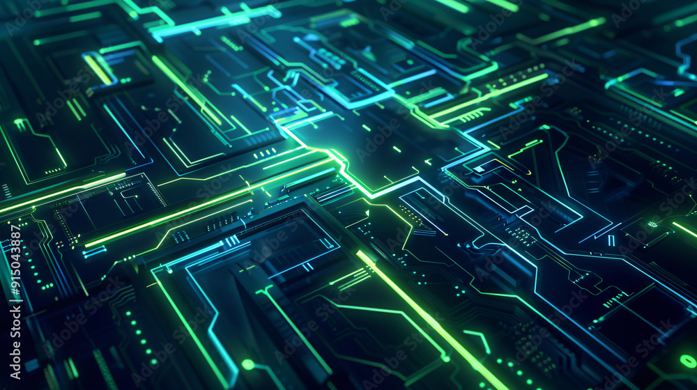 Poster a futuristic digital artwork showcasing a complex circuit board with glowing lines and patterns, emp