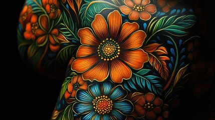 Vibrant Body Art: Intricate Floral Patterns in Vivid Colors and Detailed Designs