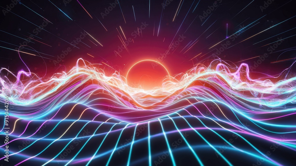 Poster vibrant iridescent waves of glowing energy with digital plasma effects and dynamic light rays abstra