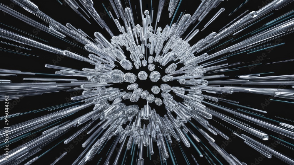 Poster futuristic silver grey monochrome design on black background with 3d exploding surface perspective