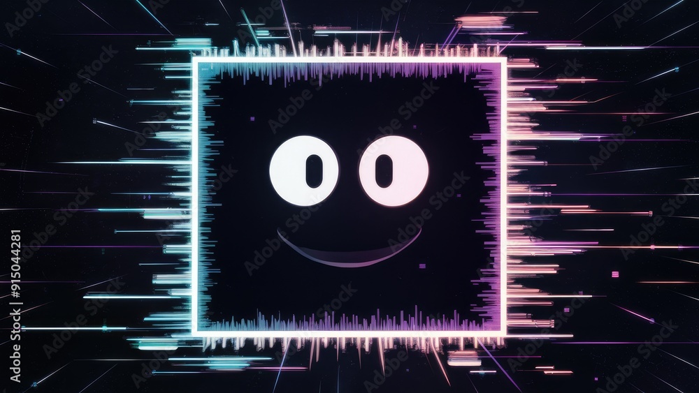 Poster abstract dark computer screen featuring pixel noise and vibrant violet and blue glitches along the e