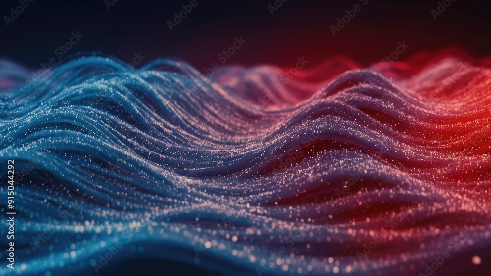 Poster dynamic abstract waves of blue and red particles