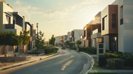 Fototapeta premium A beautifully designed suburban street lined with modern houses glows under the soft, early morning sunlight, evoking a sense of tranquility.