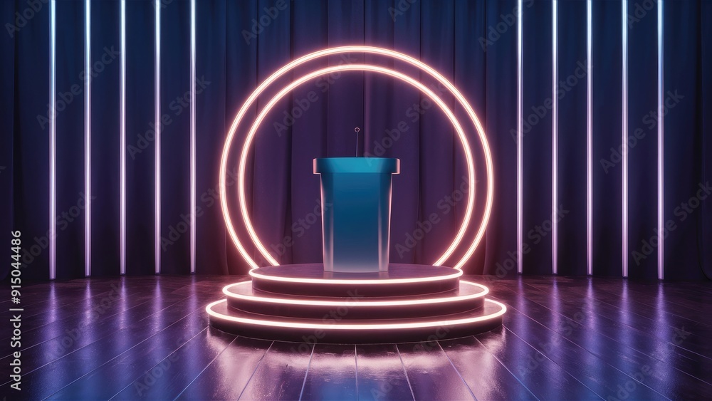 Poster neonlit circular podium in an empty 3d stage environment