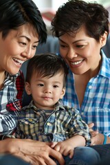 Family of Asian women and their baby, playing in their home. National adoption month.