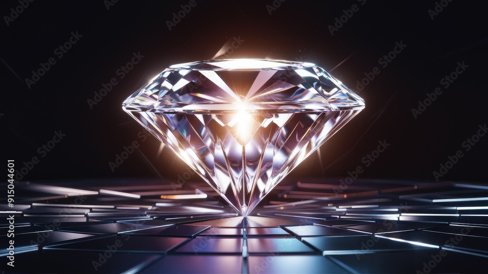 Poster radiant pulsating crystal diamond on a dark backdrop with a shimmering geometric pattern