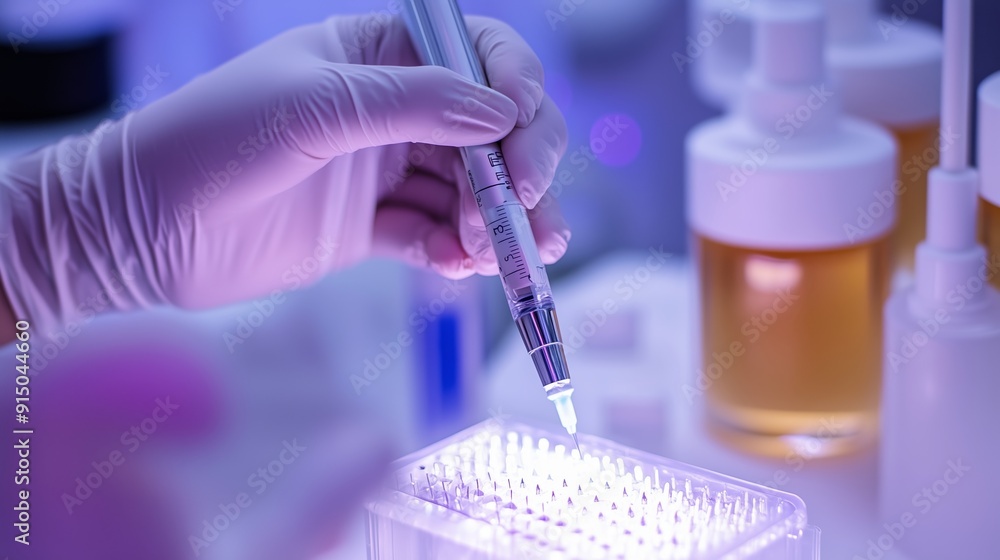 Aufkleber scientist using a syringe to extract liquid samples from a laboratory setting during evening researc