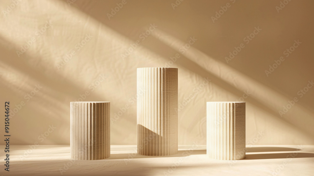 Poster a minimalist display of three textured cylindrical vases in soft sunlight, highlighting their unique