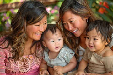 Fototapeta premium Close-up homosexual family, formed by two women, enjoying with their two babies.