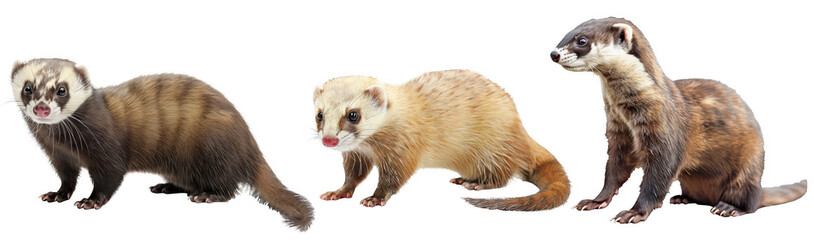 A variety of ferrets in different poses, showcasing their playful and curious behavior