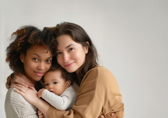 Family formed by two women of different races and their young son.national month of adoption