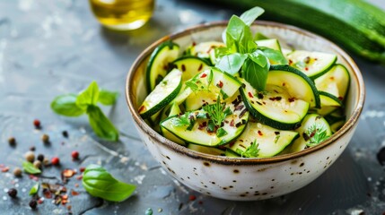 A fresh bowl of zucchini salad garnished with basil leaves and sprinkled with chili flakes, surrounded by culinary herbs.