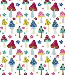 Seamless pattern with retro psychedelic groovy mushrooms. Vector colorful background with hippie funky elements.	