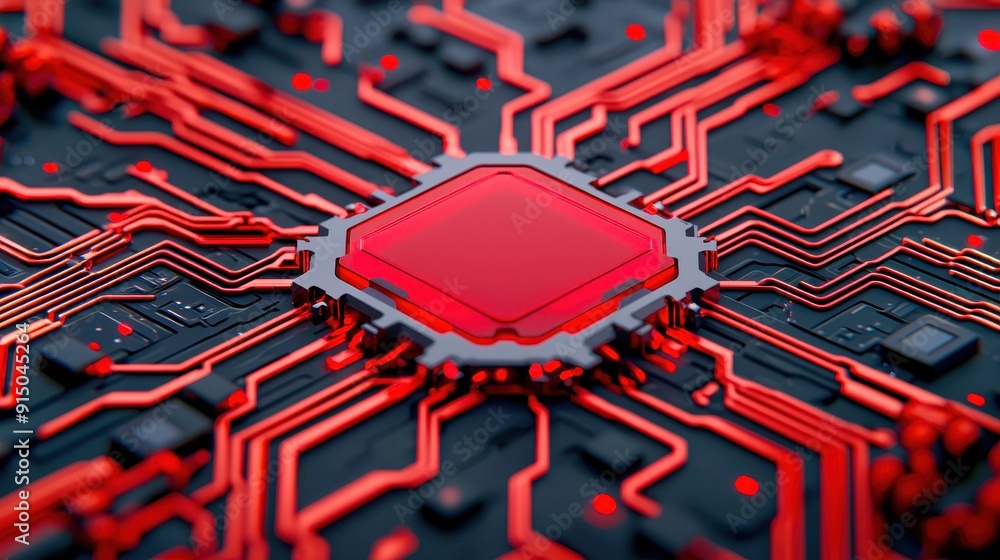 Poster a close-up of a red microchip on intricate circuit board design, showcasing modern technology and di