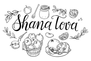 Jewish holiday doodle set with calligraphy lettering Shana Tova. Monochrome vector contour composition with related items to Rosh Hashanah isolated oh white background © Olena