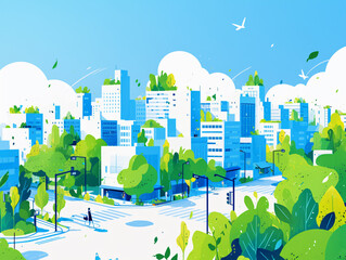 A vibrant digital illustration of a cityscape filled with greenery and blue buildings, depicting a modern and eco-friendly urban environment.