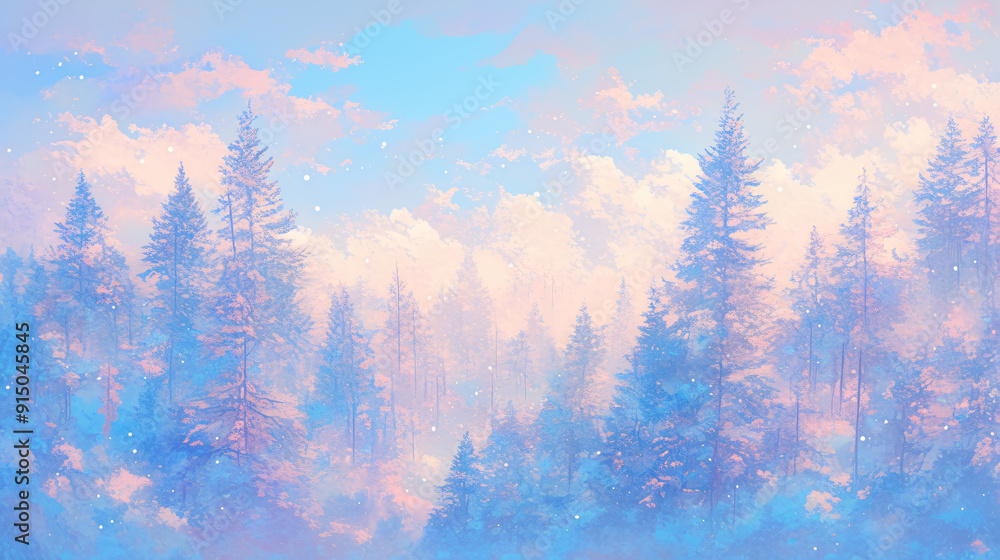 Poster a dreamy landscape of soft pastel trees emerging through misty air, creating a serene and ethereal a