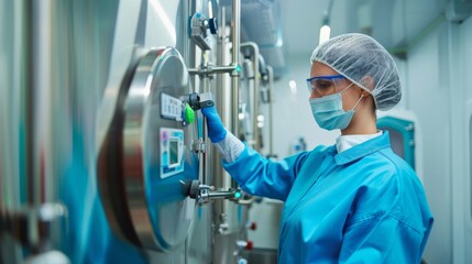 A scientist in blue scrubs and protective gear operates high-tech equipment in a sterile laboratory environment, emphasizing precision and safety.