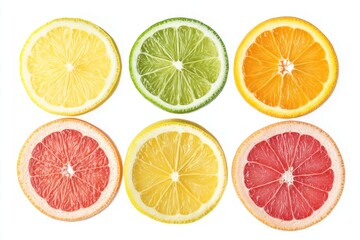 Fototapeta premium Vibrant citrus fruit slices on white background grapefruit, orange, lemon, lime top view photography