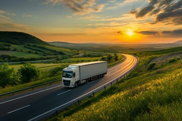 Large transportation truck on rural highway at sunset, beautiful countryside photography