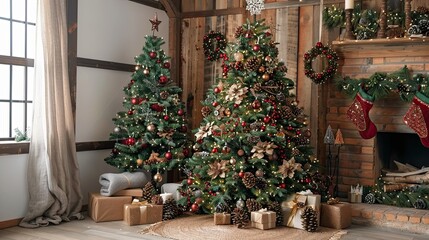 Fototapeta premium Rustic Christmas tree decorated with natural elements like pine cones, berries, and handmade ornaments 